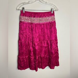 Y2K L.A Movers Pink velvet Midi Skirt Size L Elastic Waist Beaded Gitsy Coquette